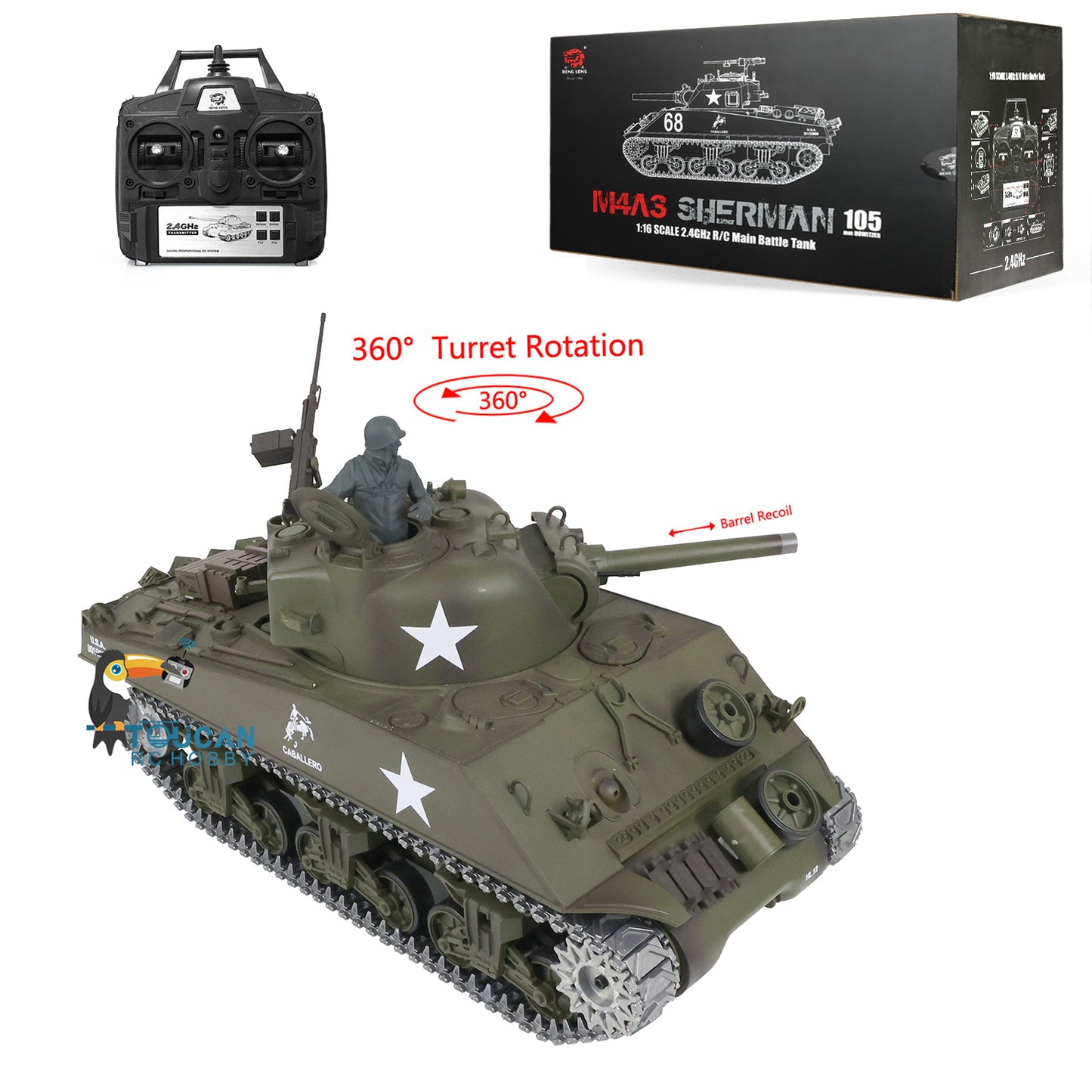 Henglong 1/16 TK7.0 Upgraded M4A3 Sherman Radio Control Tank Model 3898 360 Degrees Rotating Turret BB Shooting Sound Effect