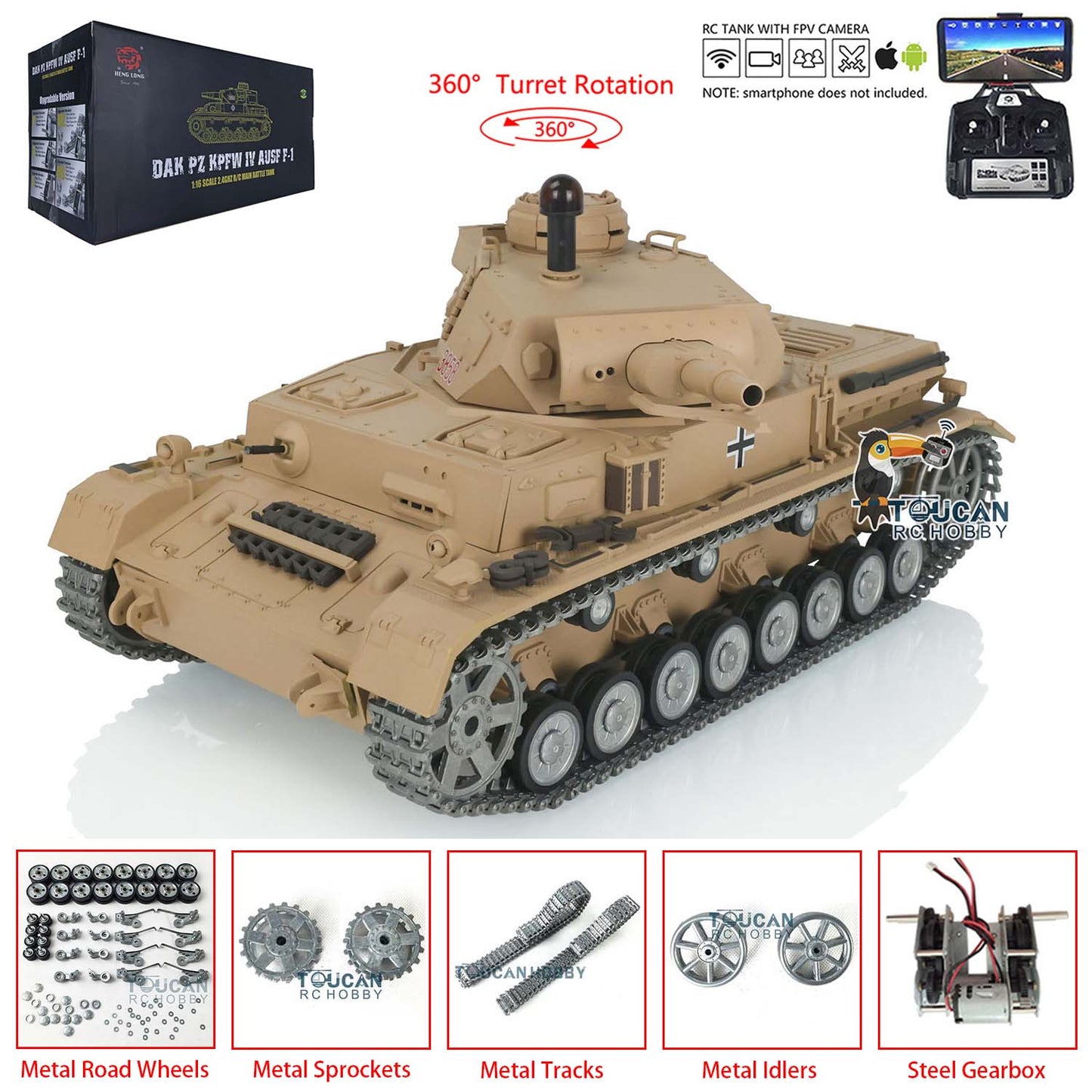 Henglong 1/16 7.0 FPV Customized Panzer IV F2/Panzer IV F RTR RC Tank 3859 Metal Track Driving Wheel 360 Degree Turret Rotation Infrared Combating System
