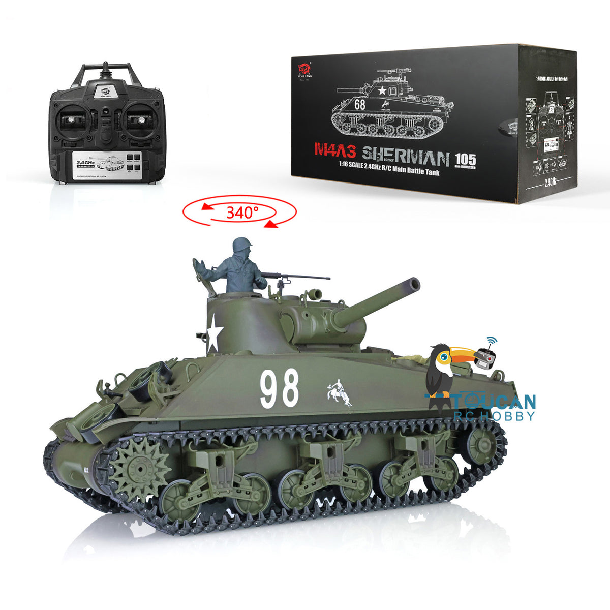 Henglong 2.4G 1/16 TK7.0 Plastic USA M4A3 Sherman 3898 RTR RC Tank with Barrel Recoil BB Infrared Combat Smoke Light Sound Metal Barrel