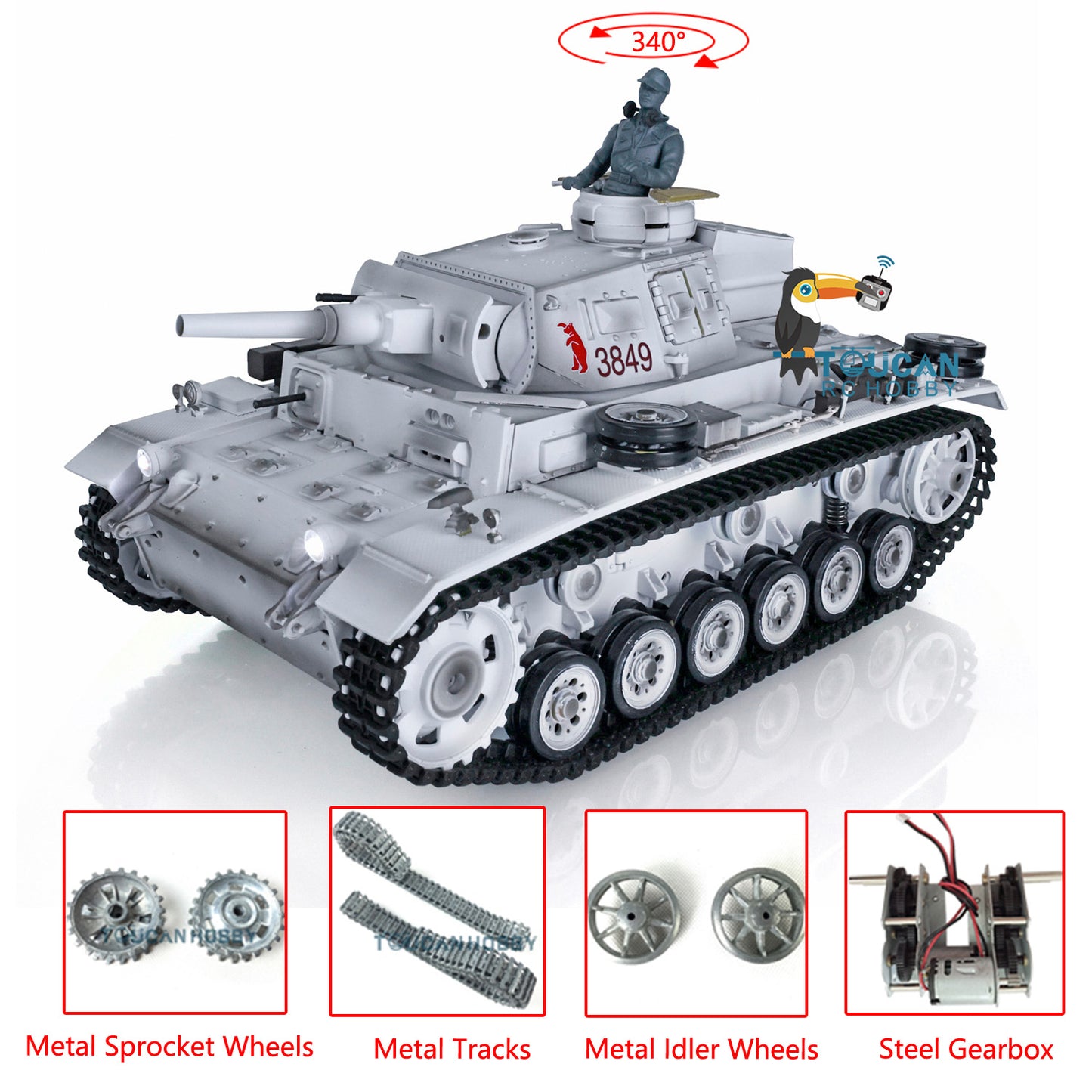 2.4G Henglong 1/16 Snow 7.0 Upgraded Panzer III H RTR RC Tank 3849 Metal Tracks Sprocket Wheels BB Infrared Combating System