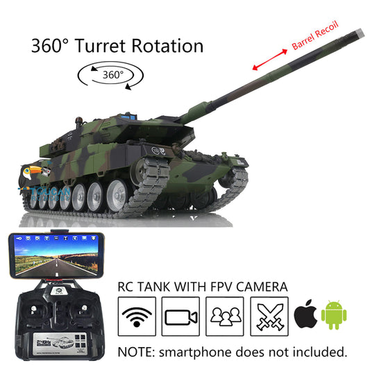 Henglong 1/16 TK7.0 Version Customized Leopard2A6 RC Tank Model 3889 w/ Metal Tracks FPV BB Shooting 360 Degrees Rotating Turret