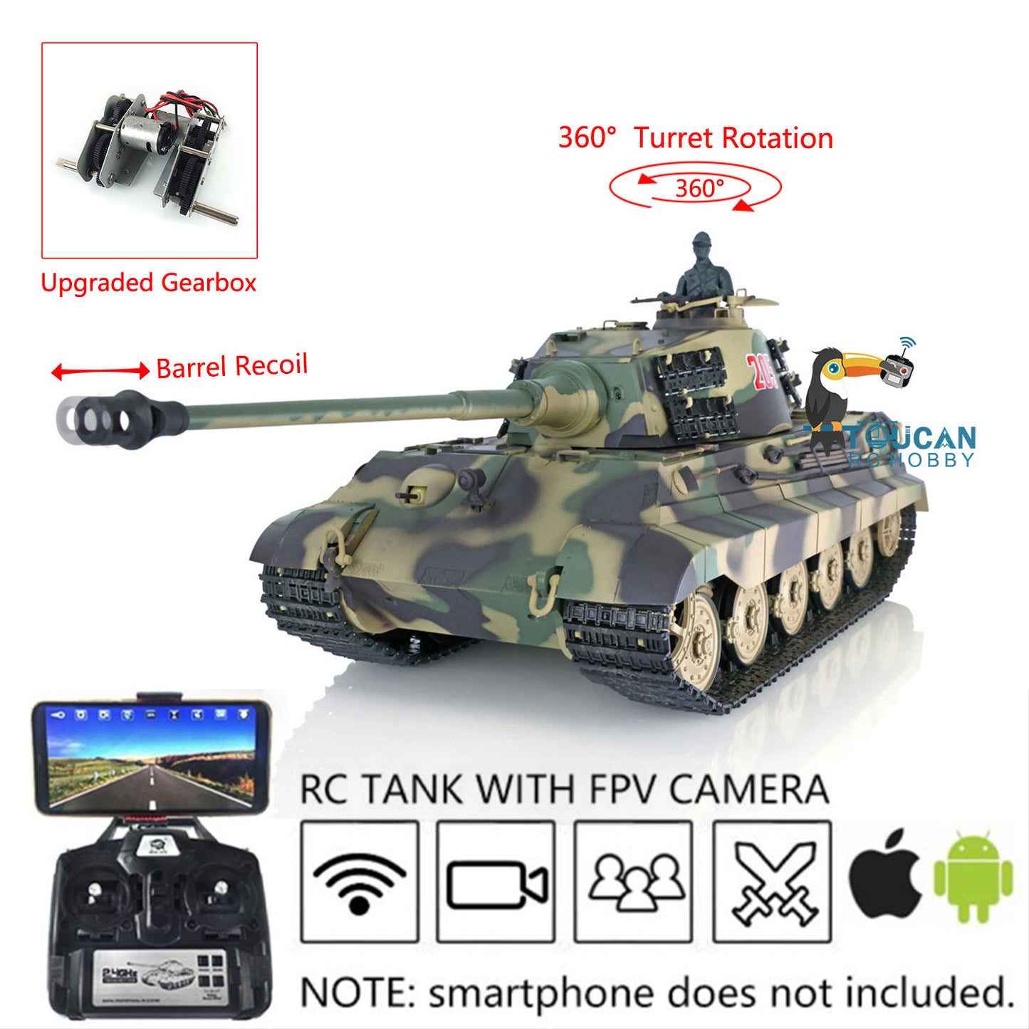 Henglong 1/16 7.0 Plastic FPV King Tiger RC Tank 3888A 360 Degree Turret Barrel Recoil Infrared Combating BB System Metal Barrel