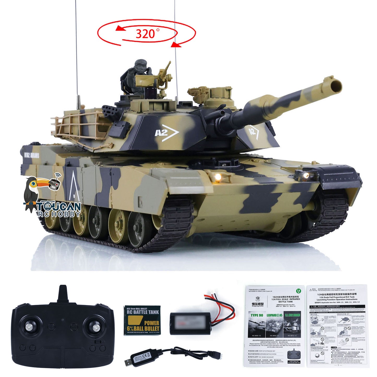 Henglong 1/24 Plastic 3816 AbramsM1A2 RC Tank Model with Infrared Combat Turret Elevation and Depression Sound Light