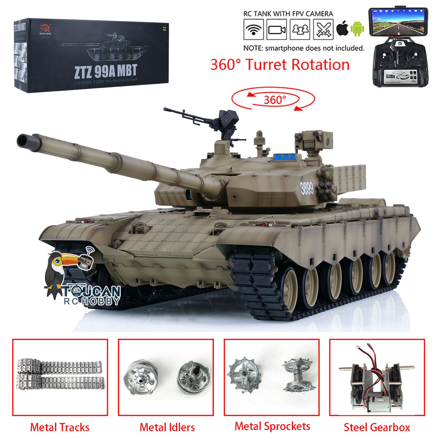 Henglong 1/16 Scale 7.0 Upgraded Chinese 99A FPV RTR RC Tank Model Radio Controlled Panzer 3899A 360 Turret DIY Military Hobby