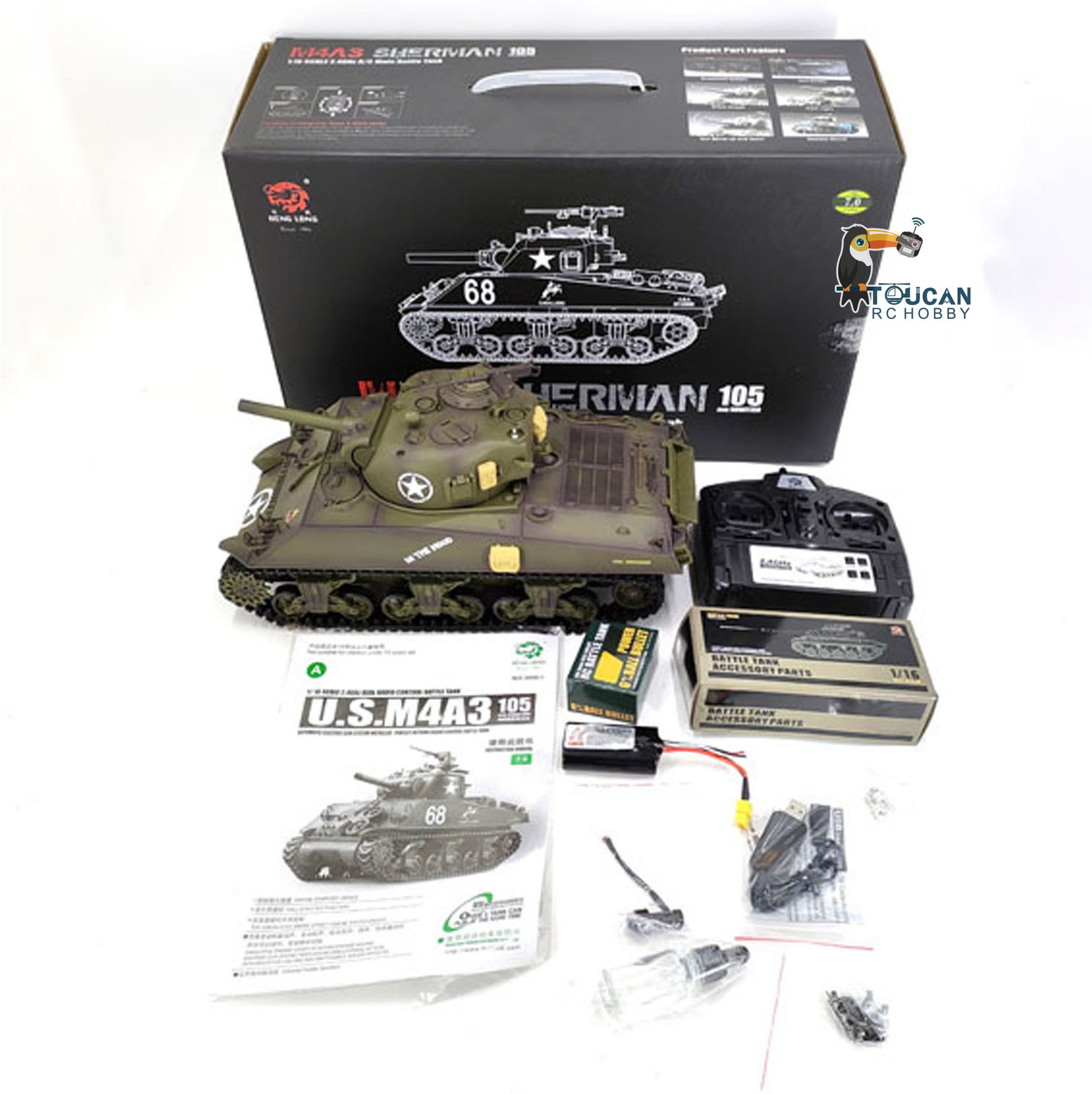Henglong 1/16 Special Spray Painting TK7.0 Plastic 3898 USA M4A3 Sherman RTR RC Tank with BB IR Barrel Recoil Smoke Steel Gearbox