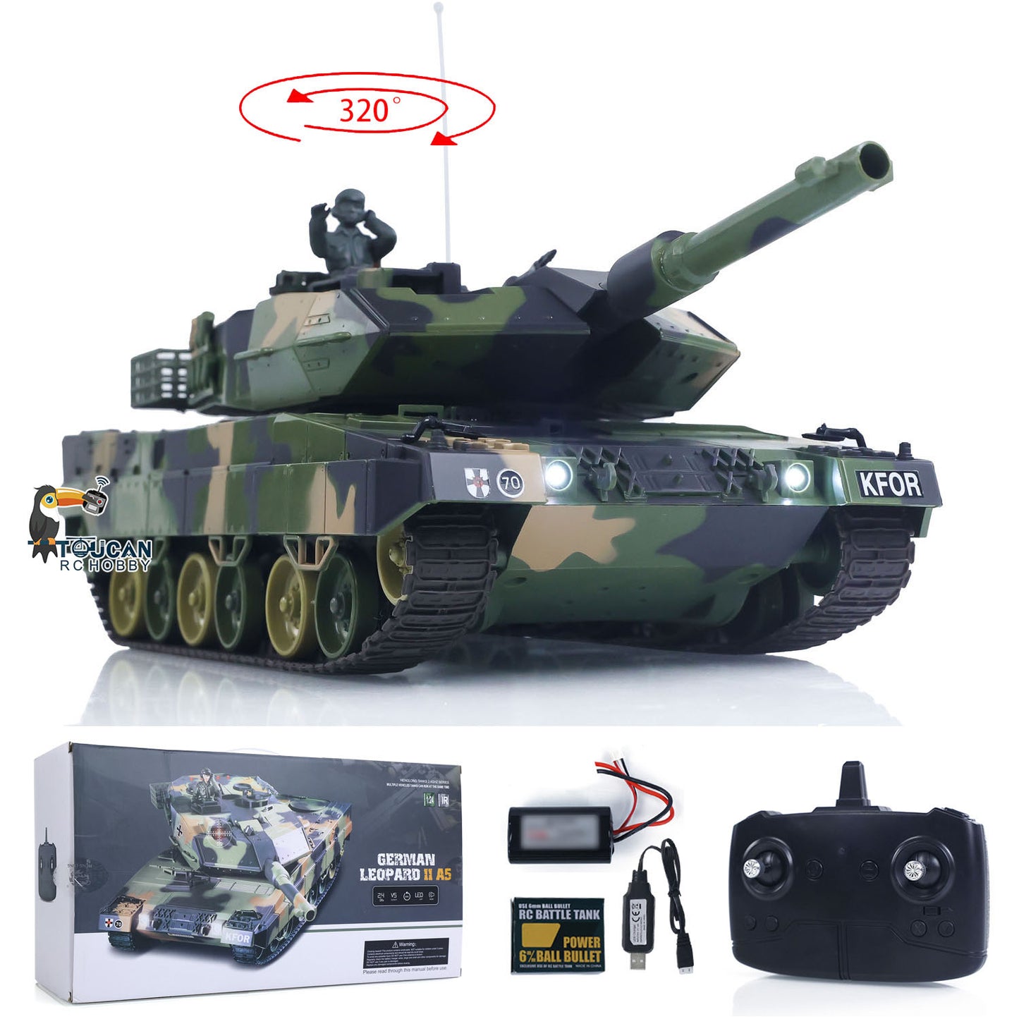 Henglong 1/24 Plastic 3809 Leopard2A5 RC Tank Model with BB Unit Infrared Combat Spray Water Turret Elevation and Depression Sound Light