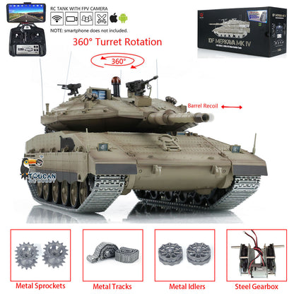 Henglong 1/16 TK7.0 IDF Merkava MK IV RTR RC Tank 3958 with 360 Degree Turret Barrel Recoil BB IR Smoke Metal Gearbox Tracks Sprockets Idlers Wheels