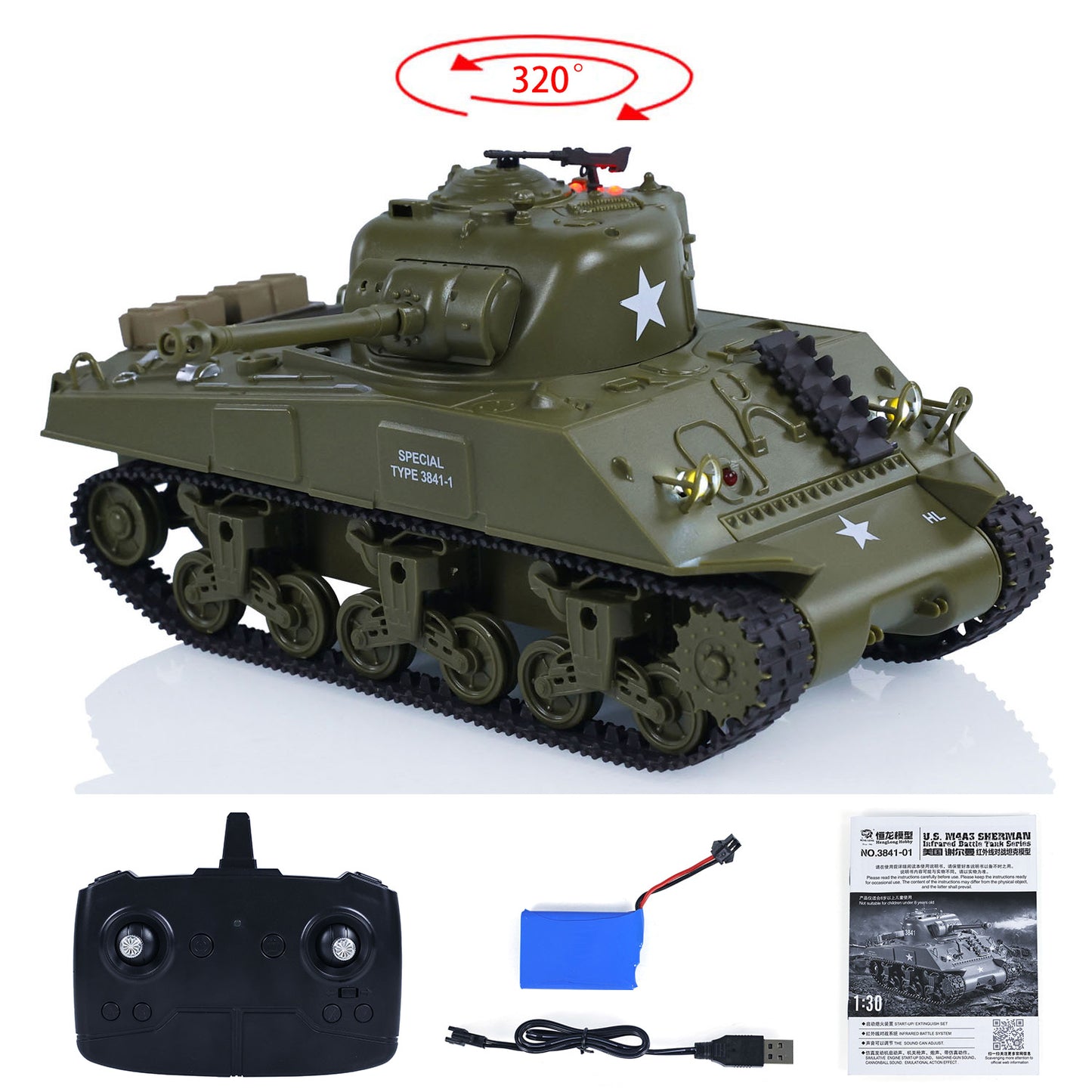 US Stock 1/30 Heng Long Sherman M4A3 3841-01 RC Battle Tank Infrared Combat 2.4G Remote Controlled&nbsp; Sound Light