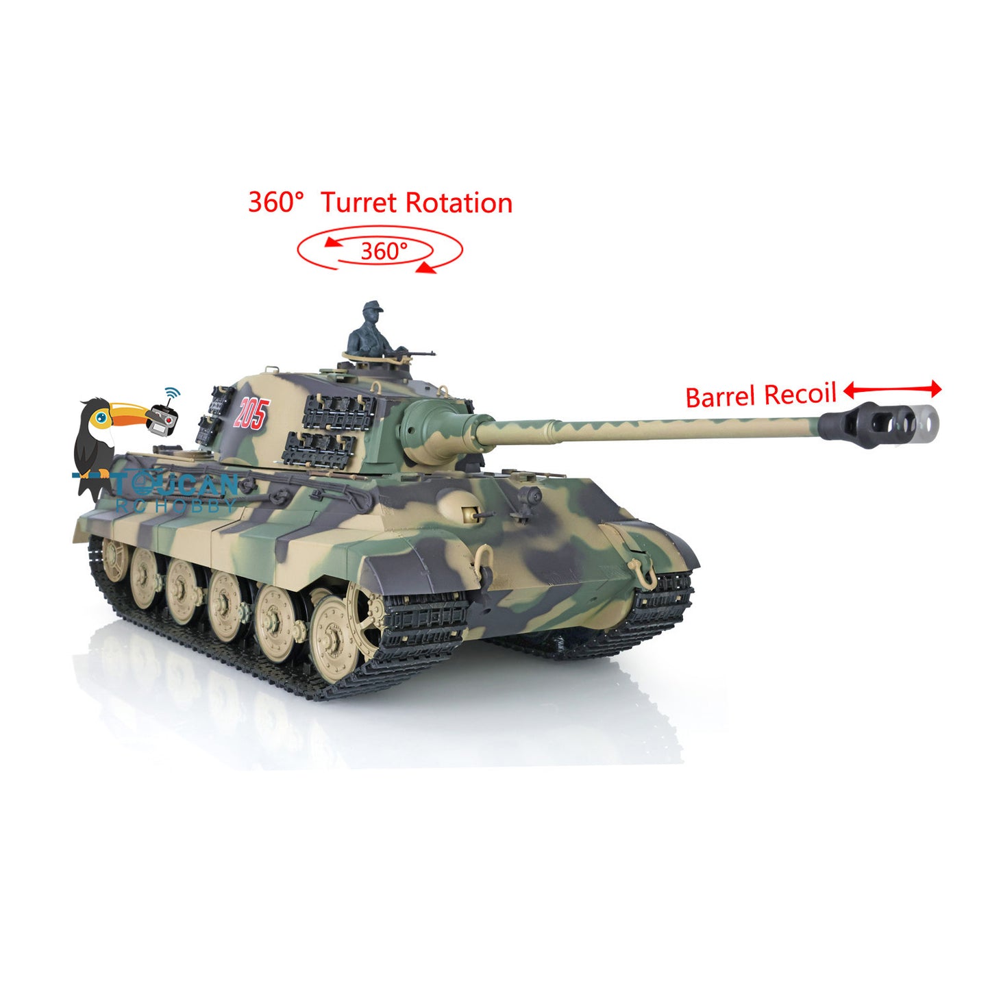 Henglong 1/16 7.0 Plastic 3888A German King Tiger RC Tank Sound Smoke 360 Degree Turret BB Infrared Combating System Option Barrel Recoil
