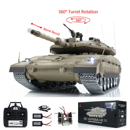 Henglong 1/16 RC Tank IDF Merkava MK IV 3958 Remote Control Battle Tank Metal Wheels Tracks Gearbox 360 Degree Turret Smoke 2 Battery