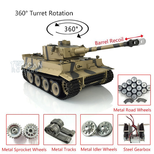 Henglong 1/16 Yellow 7.0 Tiger I RTR RC Tank 3818 Barrel Recoil Metal Tracks Driving Road Wheels 360 Degree Turret Rotation Infrared Combating System