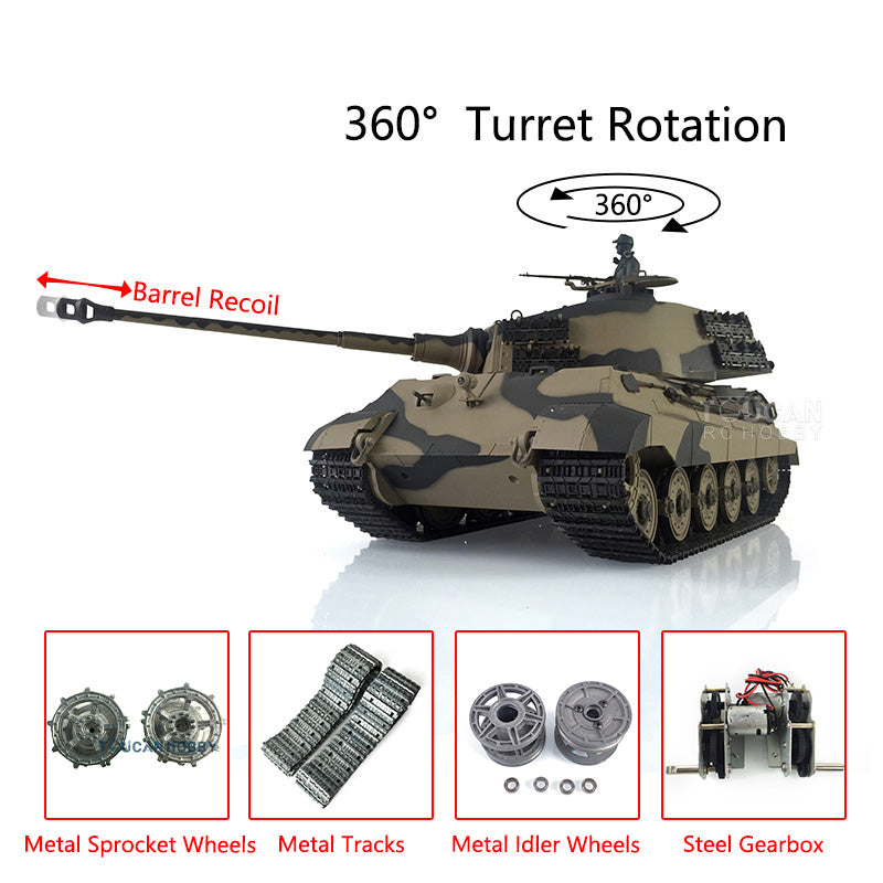 Henglong 1/16 TK7.0 Upgraded King Tiger RC Tank Model 3888A w/ 360 Degrees Rotating Turret Metal Track Idler Sprocket Wheels Smoking