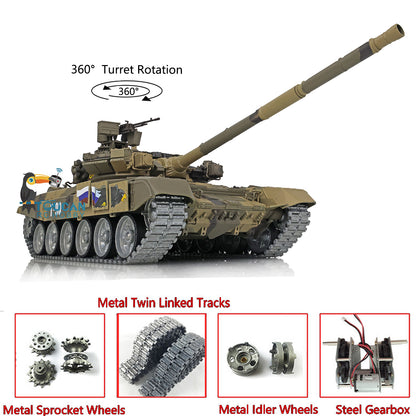 Henglong 7.0 Russian T90 1/16 RC Tank RTR 3938 360 Degrees Turret Metal Tracks With Linkages Wheels Steel Gearbox Battery Charger