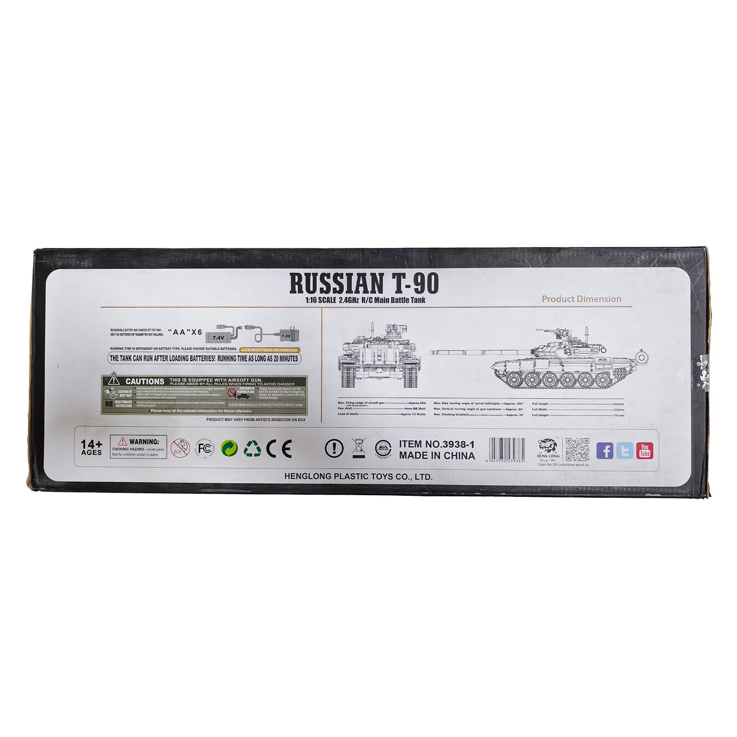 US Stock Henglong 2.4Ghz 1/16 Scale 7.0 Plastic 3938 Russian T90 RTR RC Tank Model IR BB Sounds Lights Smoke