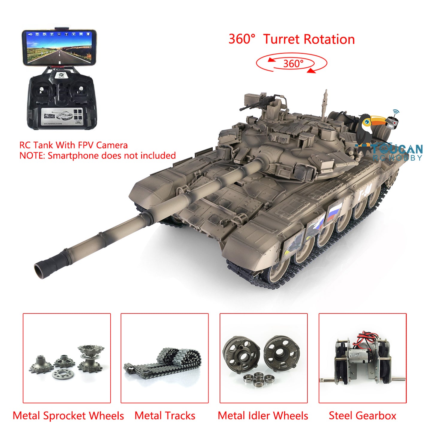 Henglong 7.0 Russian T90 RTR 1/16 RC Tank 3938 FPV 360 Degrees Turret Transmitter Receiver Speaker Motor Gearbox Metal Tracks