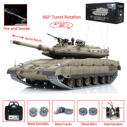HengLong 7.0 1/16 IDF Merkava MK IV 3958 RTR RC Tank Smoke Effect 360 Degree Turret BB Metal Gearbox Tracks Drive Idler Wheels