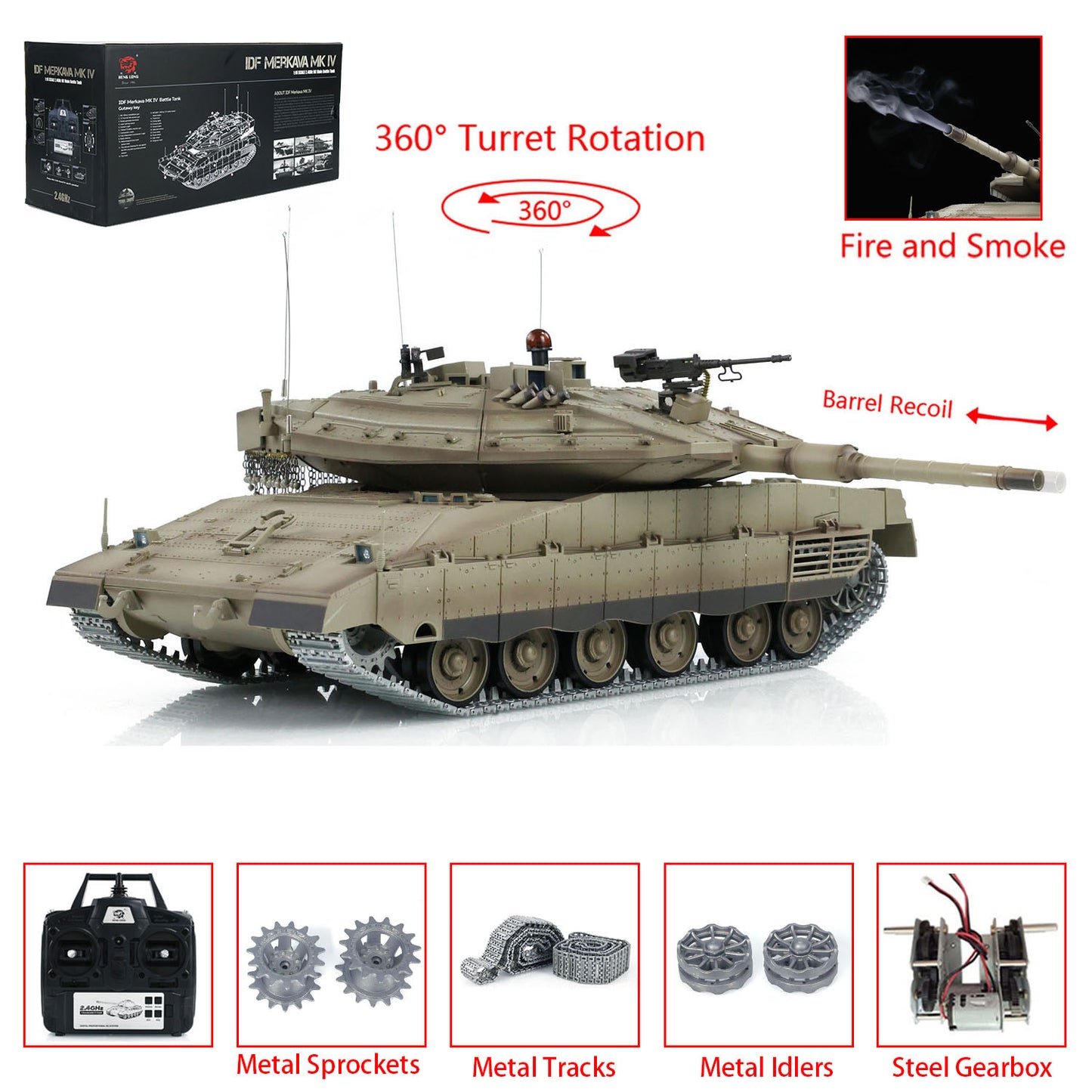 HengLong 7.0 1/16 IDF Merkava MK IV 3958 RTR RC Tank Smoke Effect 360 Degree Turret BB Metal Gearbox Tracks Drive Idler Wheels