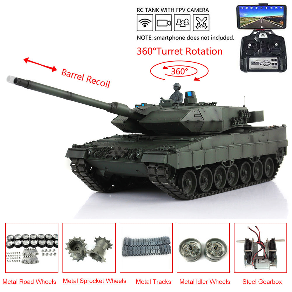Henglong 1/16 7.0 3889 Leopard2A6 RTR RC Tank FPV Barrel Recoil BB IR Smoke 360 Degree Turret Metal Tracks Road Drive Idler Wheels Gearbox Tracks