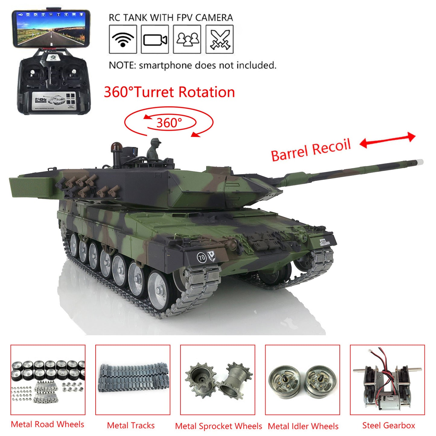 Henglong 1/16 7.0 3889 Leopard2A6 RTR RC Tank FPV Barrel Recoil BB IR Smoke 360 Degree Turret Metal Tracks Road Drive Idler Wheels Gearbox Tracks