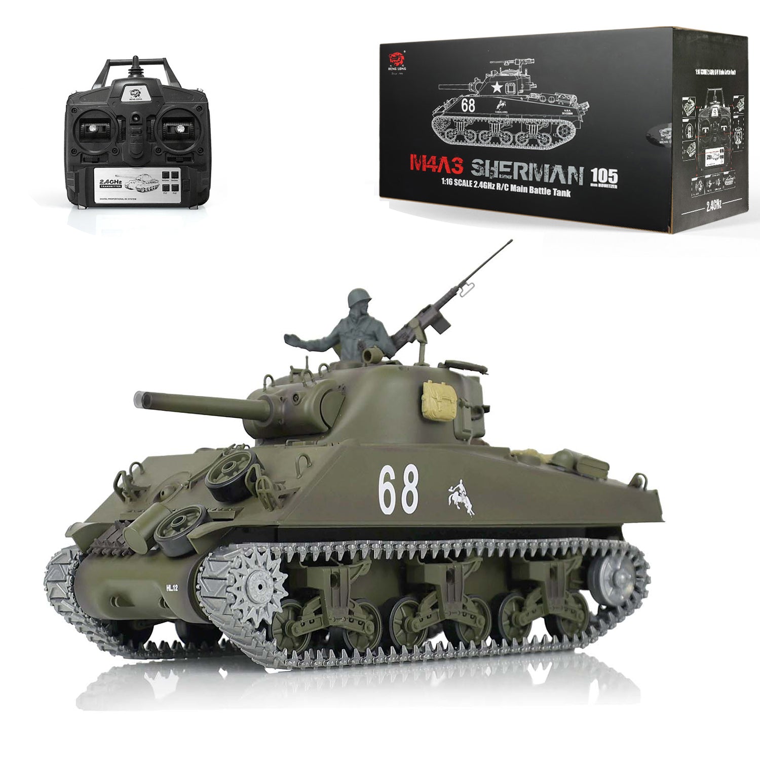 Henglong 1/16 7.0 3898 M4A3 Sherman RTR RC Tank with Metal Tracks Gearbox Drive Idler Wheels