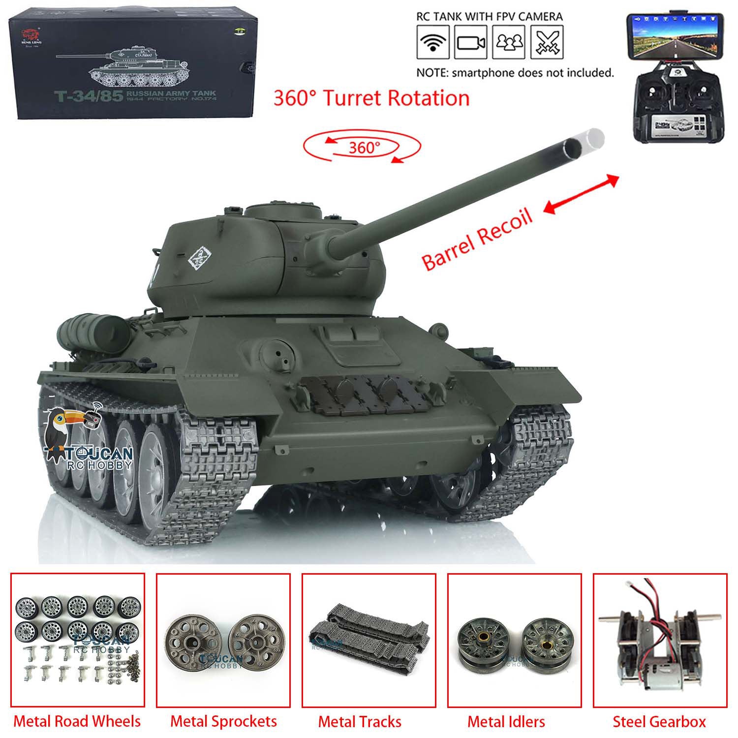 Henglong 1/16 7.0 3909 Soviet Union T34/85 RC Tank with 360 Degree Turret
