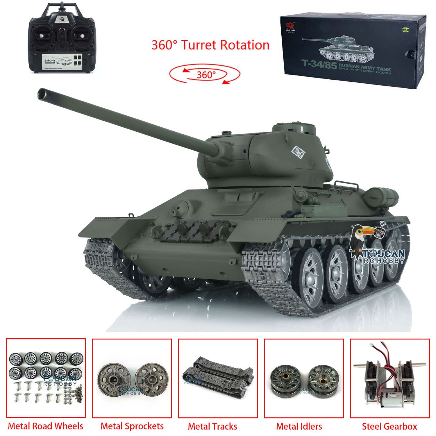 Henglong 1/16 3909 Soviet Union T34/85 RC Tank with 360 Degree