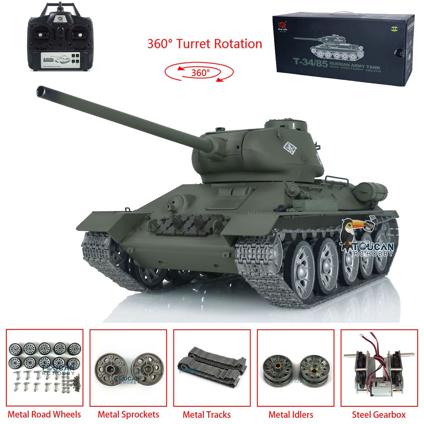 Henglong 1/16 7.0 3909 T34-85 RC Tank Model 360 Degree Turret IR BB Smoke Metal Track Drive Idler Road Wheels Gearbox Tracks