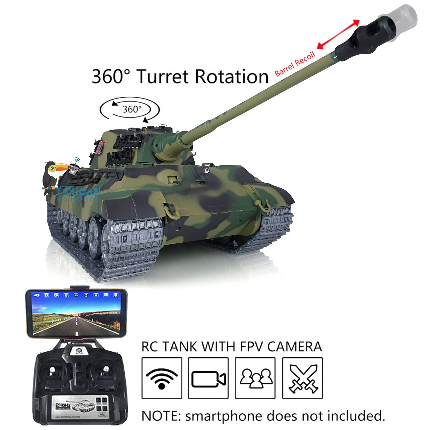 Henglong 1/16 7.0 Customized 3888A King Tiger RTR RC Tank Barrel Recoil FPV 360 Degree Turret IR BB Smoke Metal Road Drive Idler Wheels Tracks Gearbox