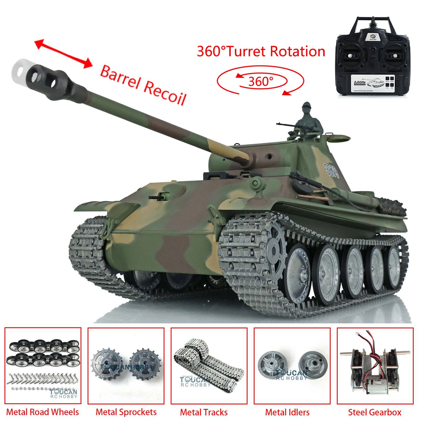 Henglong 1/16 7.0 Panther G 3879 RTR RC Tank 360 Degree Turret Smoke BB IR Barrel Recoil Metal Tracks Road Drive Idler Wheels Gearbox