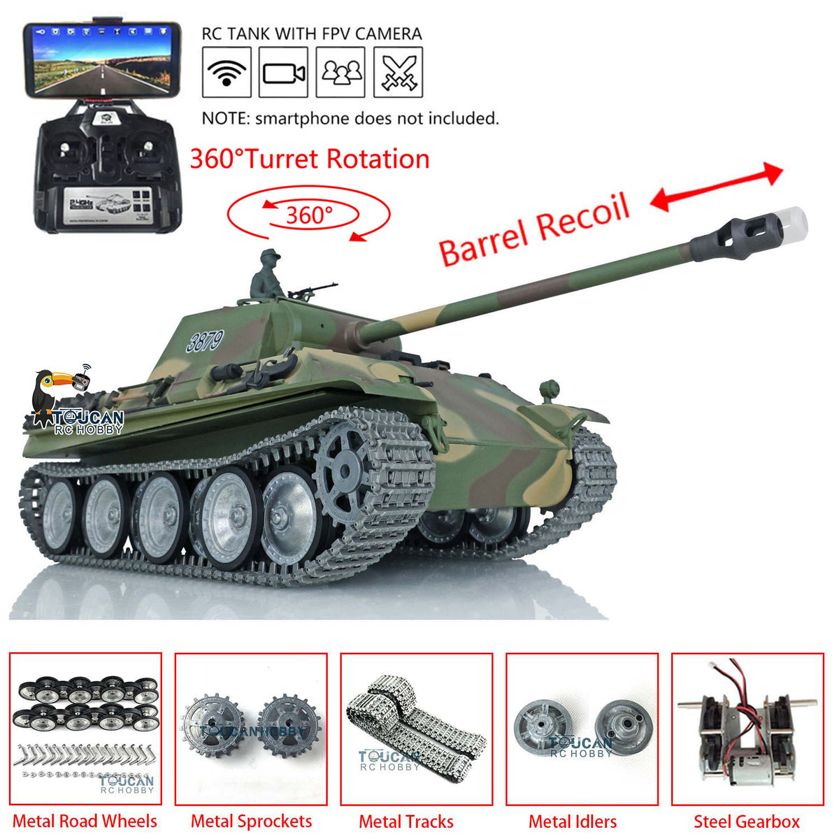 Henglong 1/16 Customized 7.0 Panther G 3879 RTR RC Tank with 360 Degree Turret Smoke