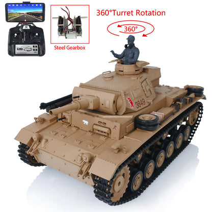 Henglong Plastic 1/16 7.0 3848 3849 Panzer III H L RC Tank FPV 360 Degree Turret Infrared System BB Smoke Steel Driving Gearbox Metal Barrel