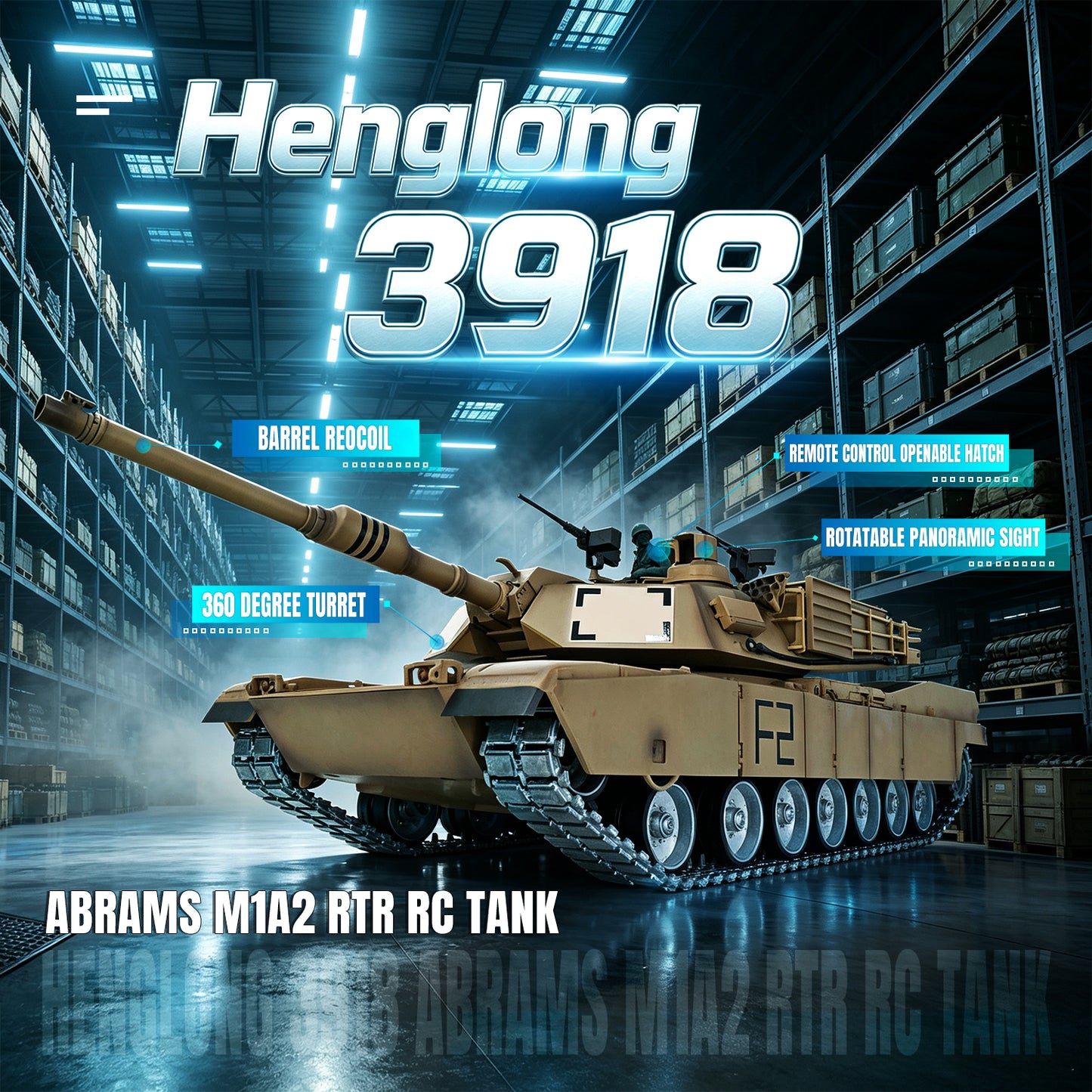 Henglong 1/16 TK7.1 Abrams M1A2 RTR RC Tank 3918 with Openable Hatch Rotatable Panoramic Sight Barrel Recoil 360 Degrees Turret BB IR Smoke Metal Wheels Tracks Gearbox