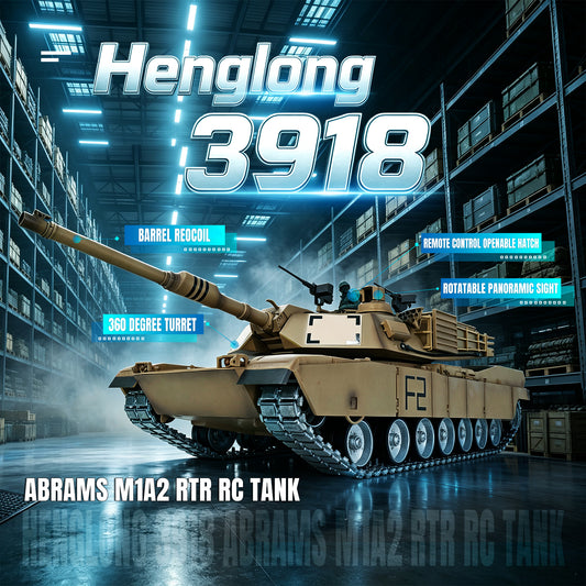 Henglong 1/16 7.1 3918 Abrams M1A2 RTR RC Tank Openable Hatch Rotatable Panoramic Sight BB IR Smoke Metal Wheels Tracks Gearbox