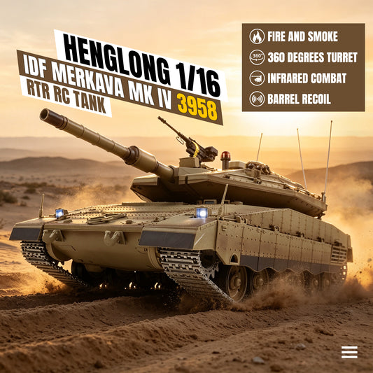 HengLong 7.0 1/16 IDF Merkava MK IV 3958 RTR RC Tank Smoke Effect 360 Degree Turret BB IR Metal Gearbox Tracks Drive Idler Wheels