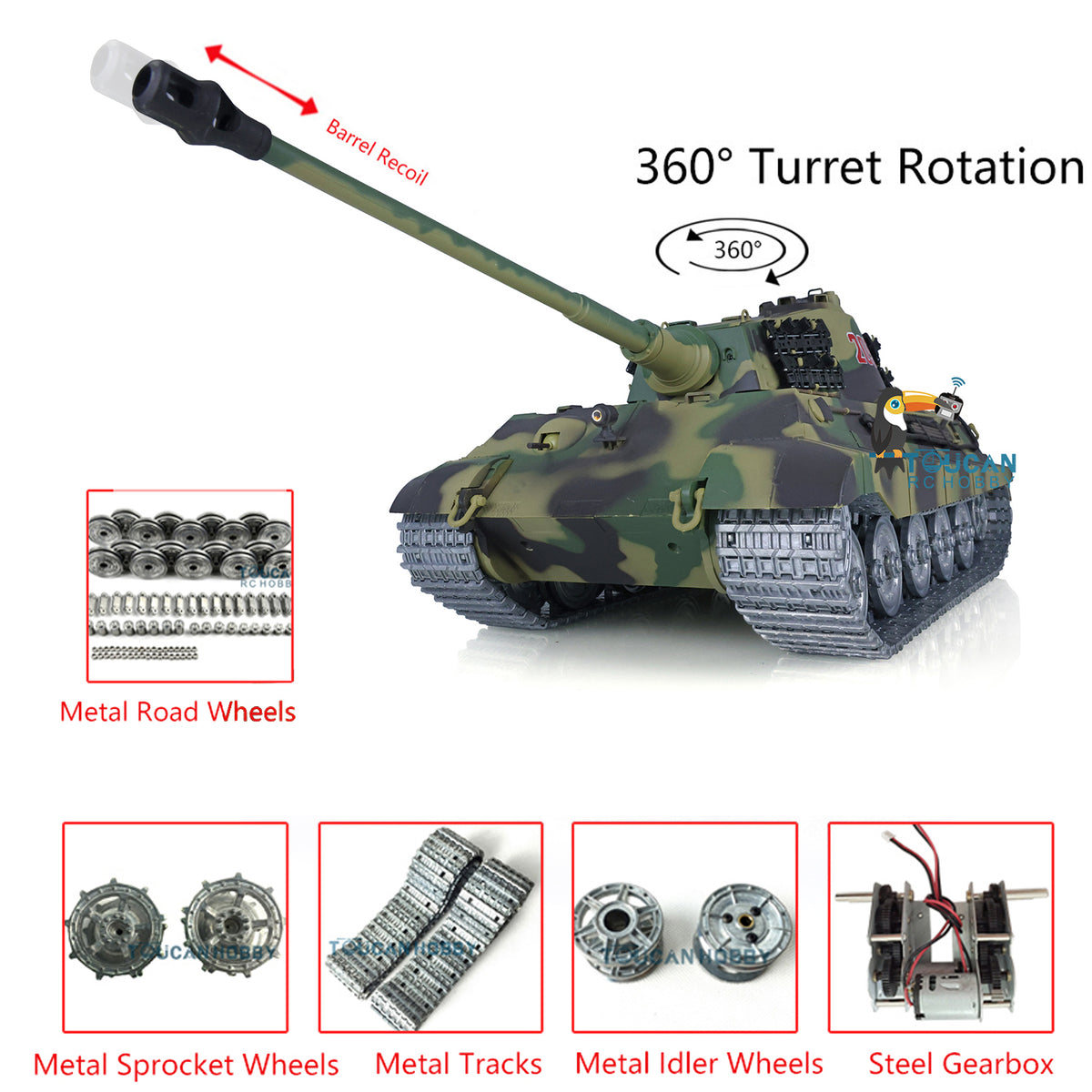 US Stock Henglong 1/16 TK7.0 King Tiger 3888A RTR RC Tank with 360 Degrees Turret Barrel Recoil IR BB Smoke Metal Sprockets Idler Road Wheels Tracks Gearbox