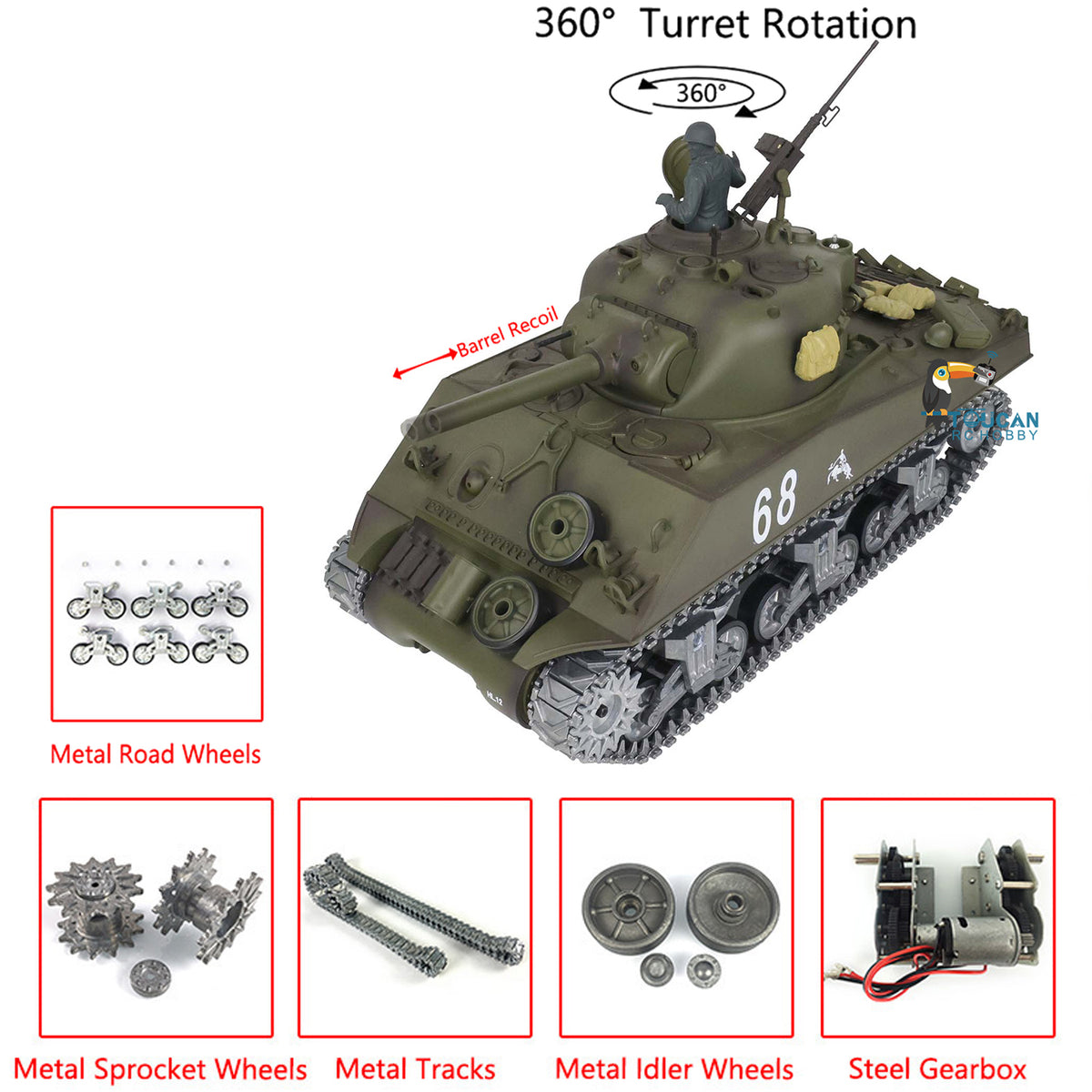 US Warehouse Henglong 1/16 TK7.0 M4A3 Sherman RC Tank 3898 with Metal Tracks Idlers Sprockets Road Wheels