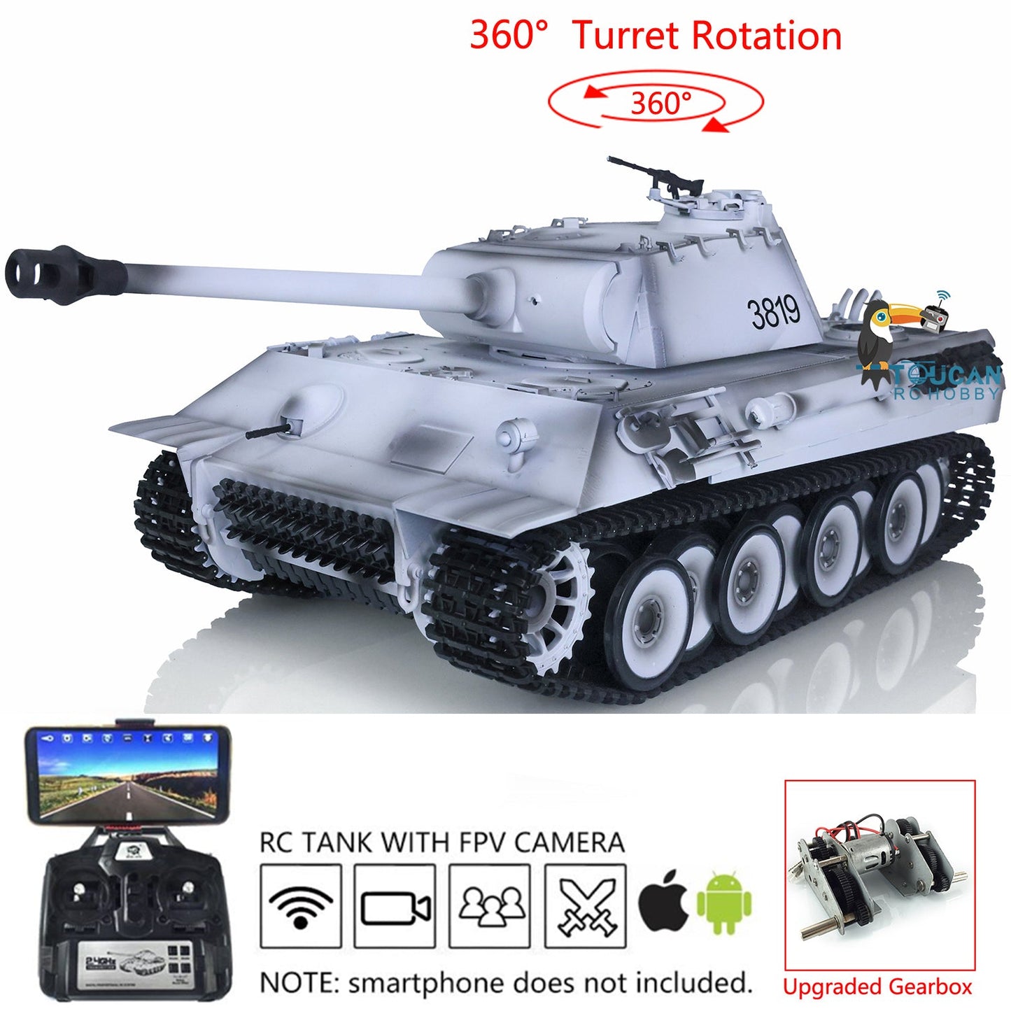 1/16 Scale Henglong 7.0 Plastic RC Tank Model German Panther 3819 w/ 360 Degrees Rotating Turret FPV Steel Gearbox Engine Sound Smoking