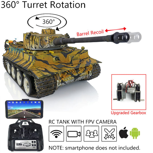 Henglong 1/16 7.0 Tiger I RC Tank 3818 Radio Controlled Model Customized Color Hull-Recoil Smoking Metal Barrel Gearbox 360FPV