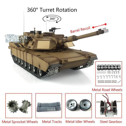 US Warehouse Henglong RTR 1/16 Scale 7.0 Customized Abrams RC Tank 3918 360 Degree grees Turret Barrel Recoil Metal Tracks Idlers Sprockets